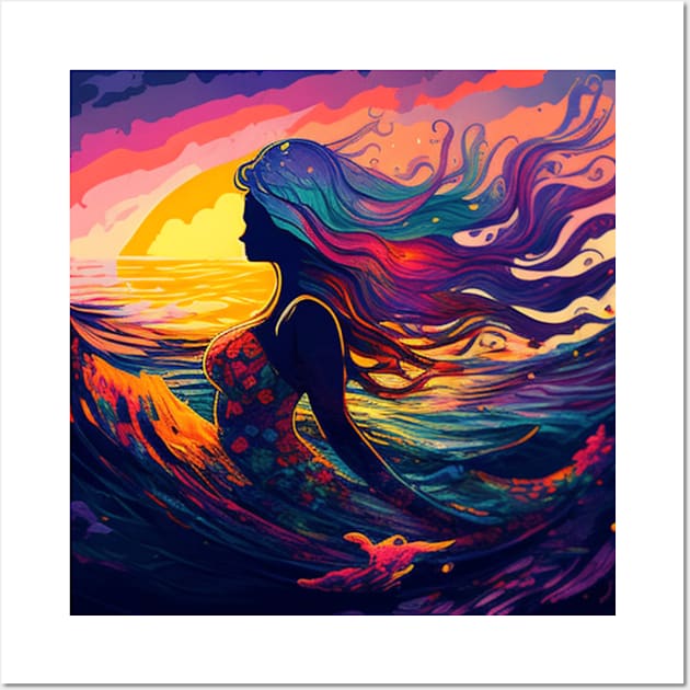 Colorful Mermaid Swimming in the Ocean at Sunrise Wall Art by Artisticwalls